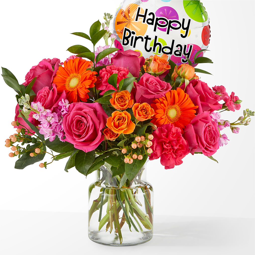 Fiesta Bouquet with Birthday Balloon – Moderna Flowers, Rosamond CA