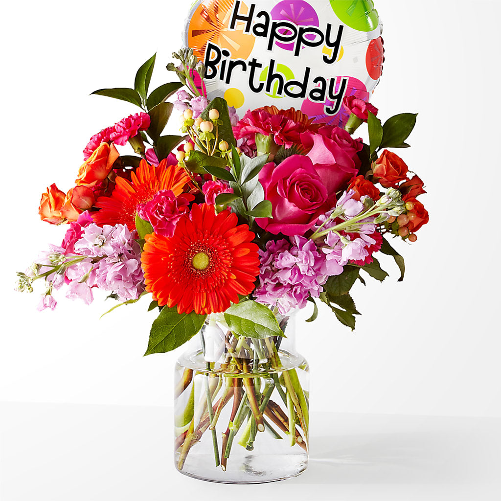 Fiesta Bouquet with Birthday Balloon – Moderna Flowers, Rosamond CA