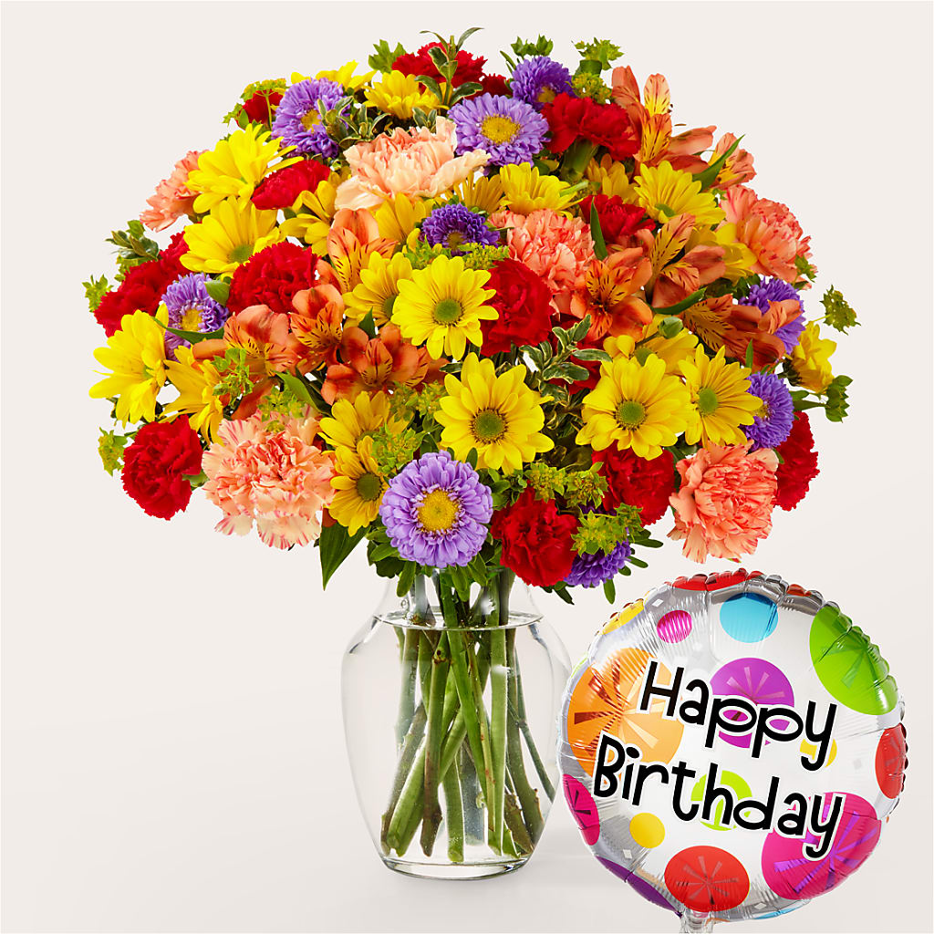 Kaleidoscope Bouquet with Birthday Balloon – Moderna Flowers, Rosamond CA