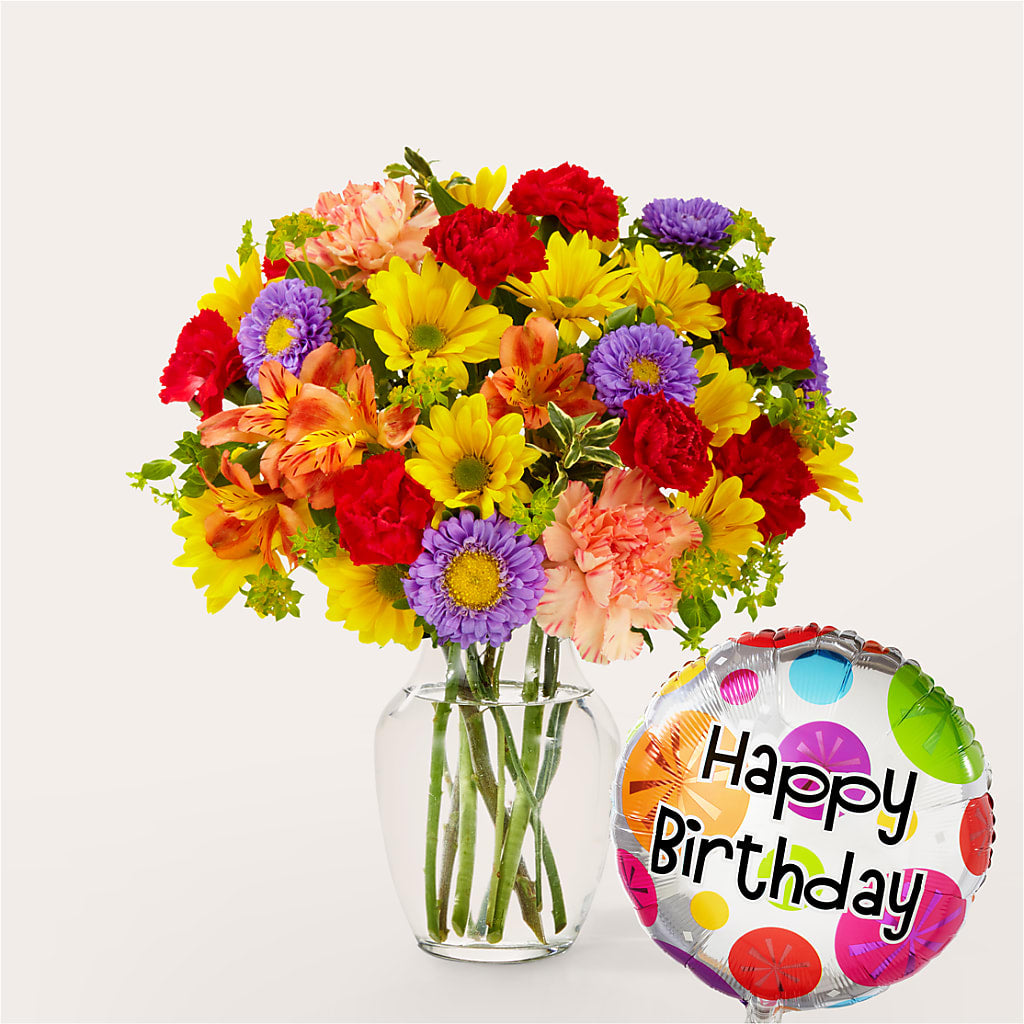 Kaleidoscope Bouquet with Birthday Balloon – Moderna Flowers, Rosamond CA