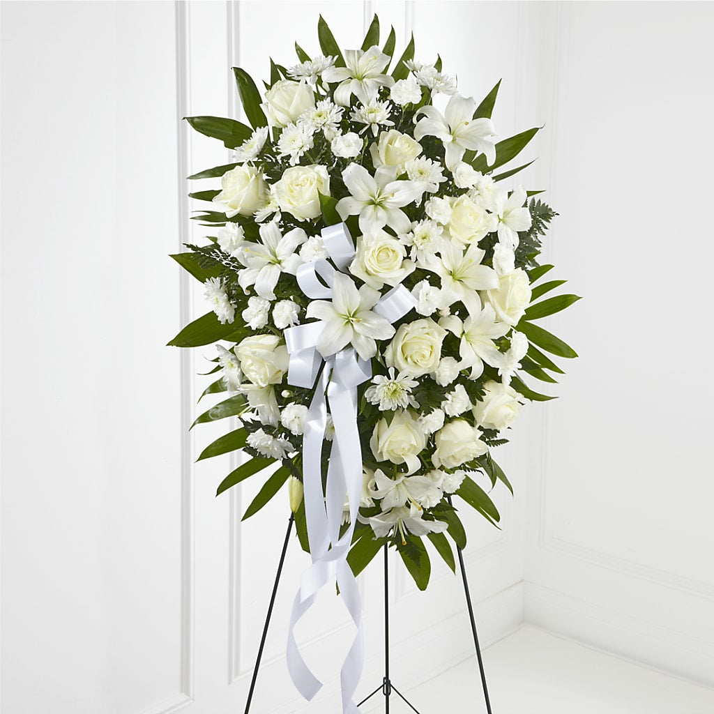 Exquisite Tribute Standing Spray-White Ribbon – Moderna Flowers, Rosamond CA