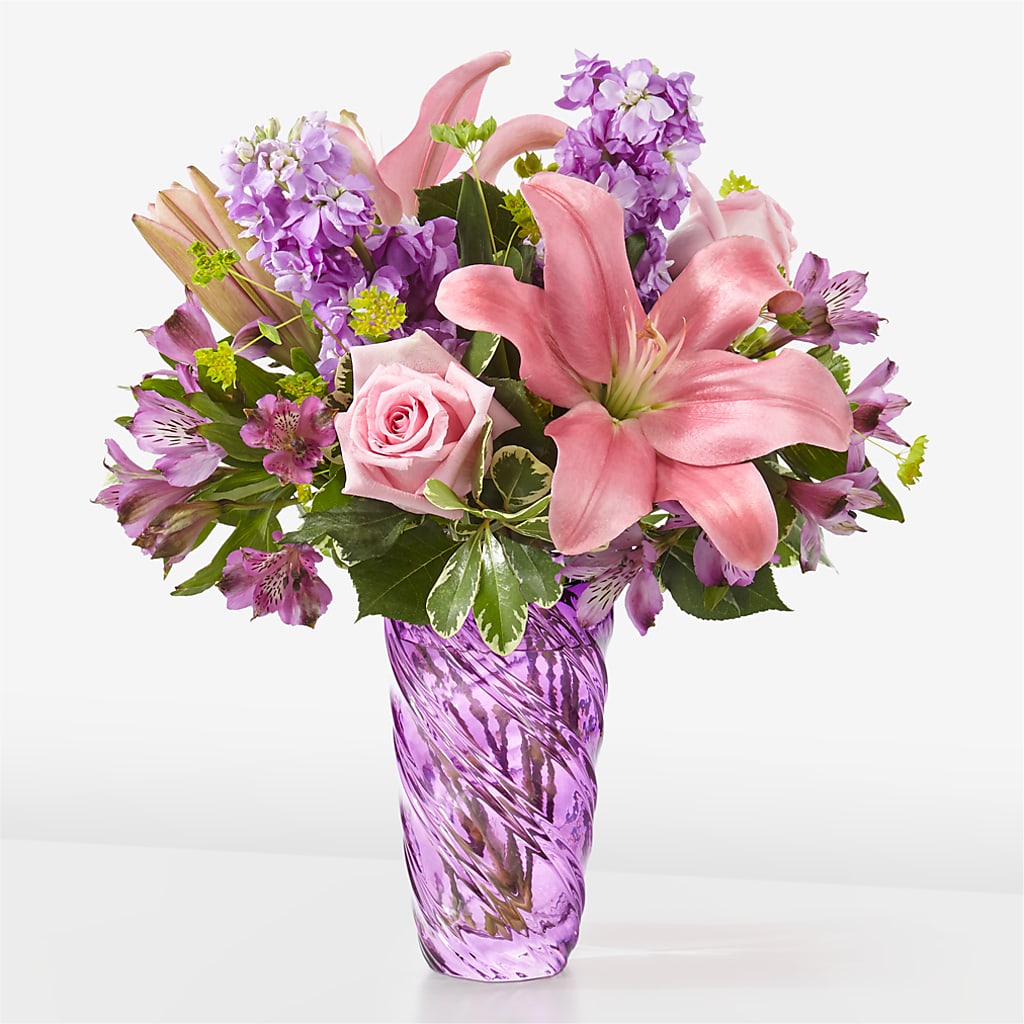 Precious Petals Bouquet with Luxe Swirl Vase – Moderna Flowers, Rosamond CA
