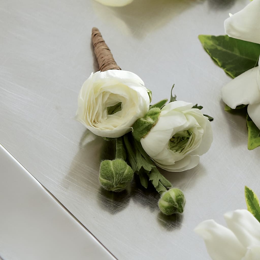 White Ranunculus Boutonniere – Moderna Flowers, Rosamond CA