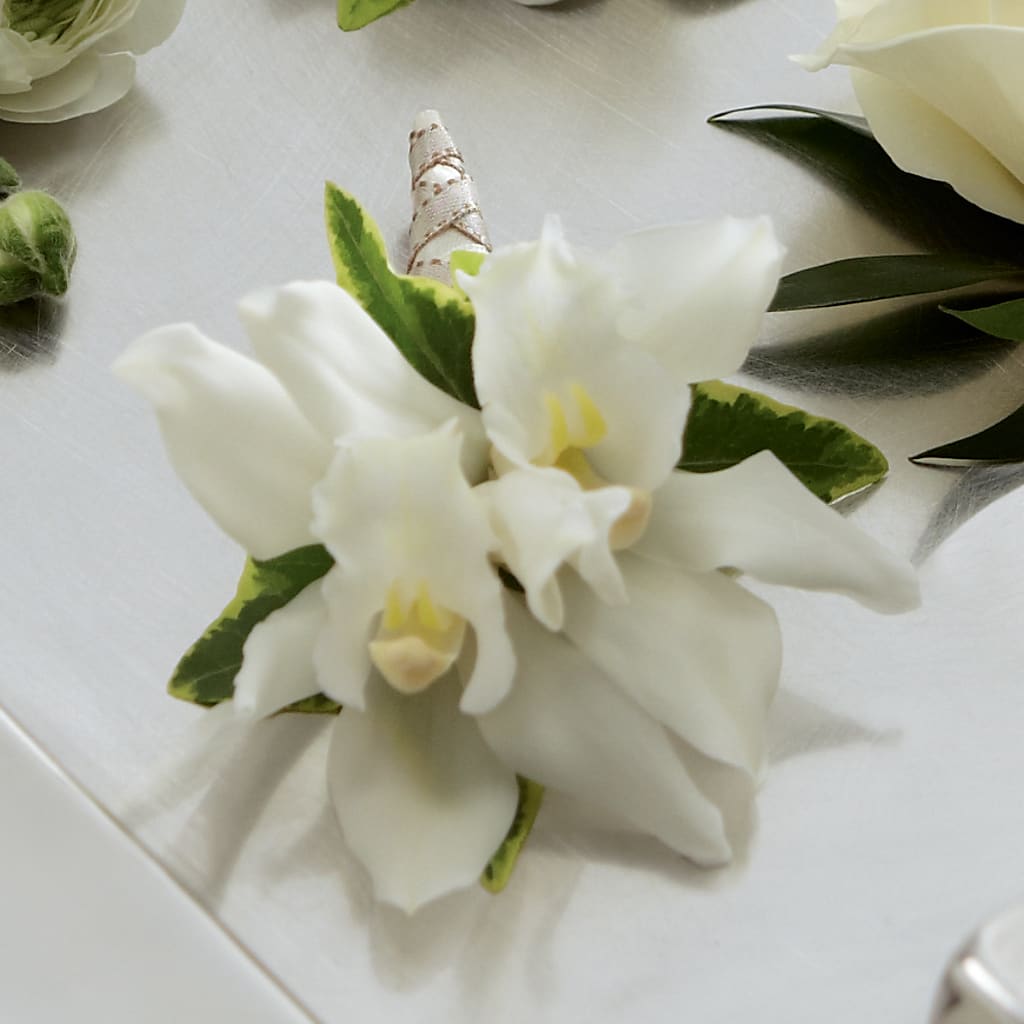 White Mini Cymbidium Boutonniere – Moderna Flowers, Rosamond CA