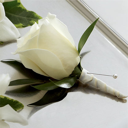 White Rose Boutonniere –  Moderna Flowers, Rosamond CA